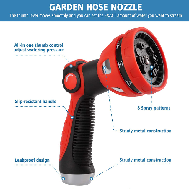 Garden Hose Nozzle, Water Hose Nozzle, Garden Sprayer, Plant Mister, 10 Spray Patterns, Adjustable Pressure, Heavy Duty, Slip Resistant Comfort Grip, On/Off Sprayer Lock