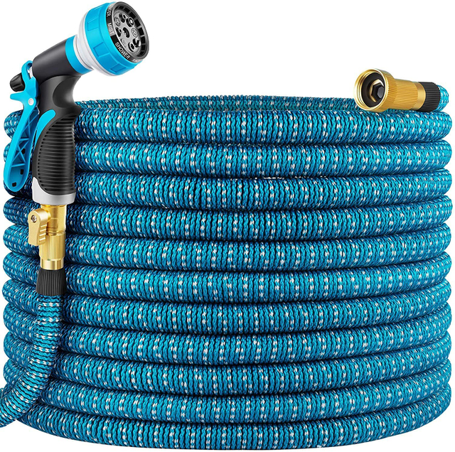 Extendable Premium Garden Hose 100ft, 9 Function Style Water Gun, Solid Brass On/Off Valve Fitting, No Kink