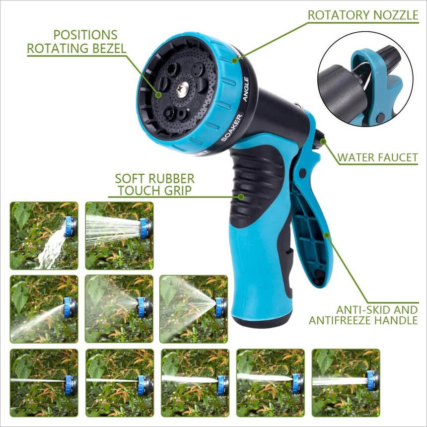 Hose Nozzle Garden, Metal Spray Nozzle High Pressure, 10 Patterns Thumb Control for Watering, Washing