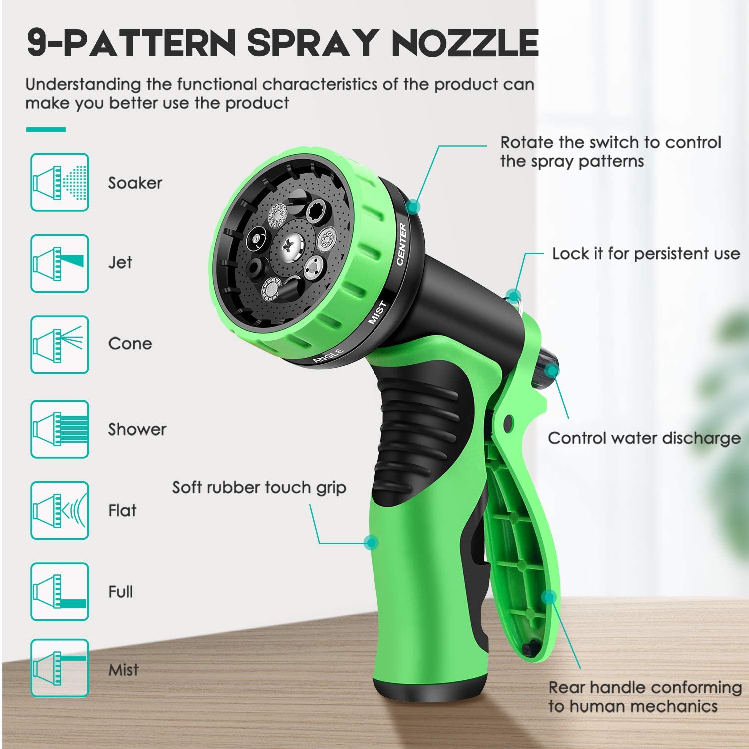 Hose Nozzle Garden, Metal Spray Nozzle High Pressure, 10 Patterns Thumb Control for Watering, Washing